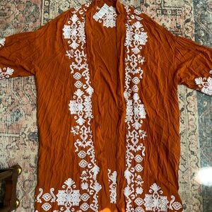 Orange Embroidered Long Sleeve Kimono Top